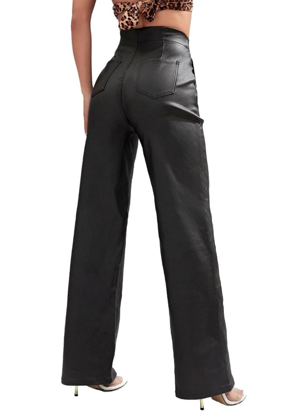 Faux Leather Pants High Waist Coated PU Button Straight Leather Black Leggings W - Picture 4 of 7
